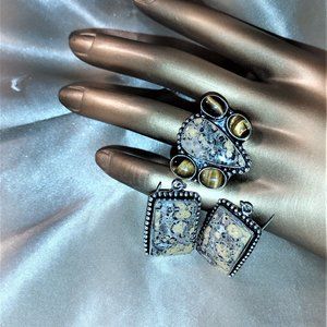 STUNNING LEOPARDSKIN JASPER & TIGER EYE SET OF EARINGS AND SIZE 8 RING  NEW
